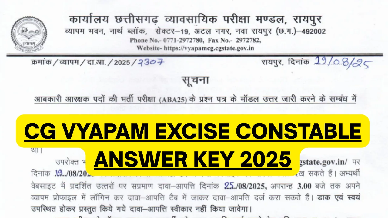 CG Vyapam Excise Constable Answer Key 2025